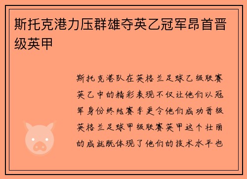 斯托克港力压群雄夺英乙冠军昂首晋级英甲
